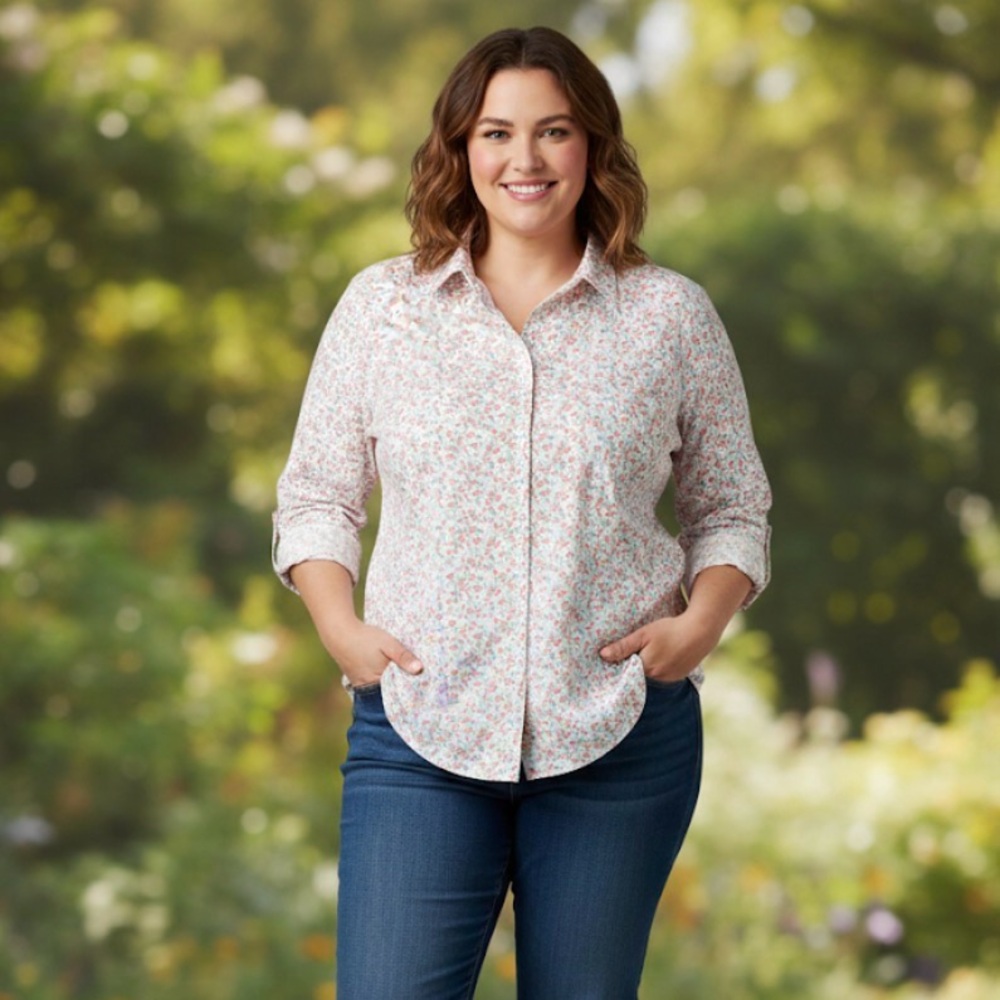 L.L. Bean Wrinkle Resistant Floral Button Down Shirt Size L 100% Cotton